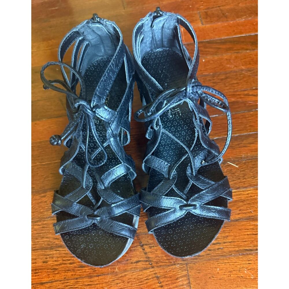 Corky’s Boutique Black Strappy Lace Up Gladiator Wedge heel sandal 8M Boho Indie